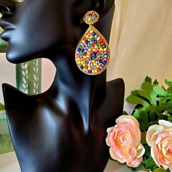 𝅺MULTI-COLOR Seed Bead Teardrop Earrings - Picture 1 of 5